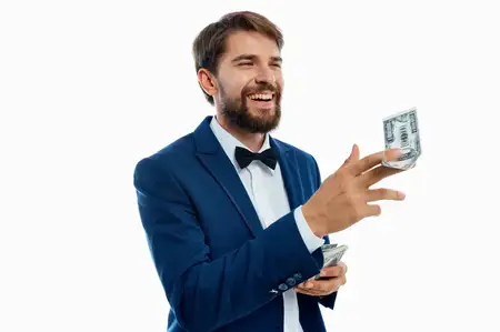 Богатый мужчина, доллары, миллионер на изолированном фоне