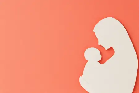 Этот художественный дизайн в технике бумажной вырезки изображает мать, держащую на руках младенца, и демонстрирует эмоции любви, нежности и заботы на фоне мягкого кораллового оттенка