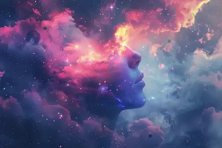 Сюрреалистическое изображение женского профиля, окруженного яркими космическими цветами и небесными элементами, вызывающее чувство удивления