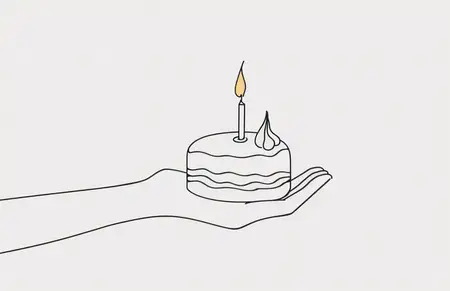 Простой линейный рисунок руки, держащей маленький праздничный торт с зажженной свечой