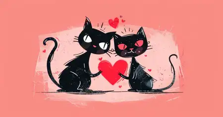 Любовь и дружба: два черных кота держат сердце на розовом фоне, символизируя единство и привязанность