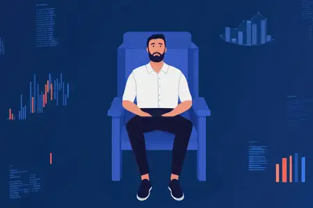 Бизнесмен, сидящий в синем кресле, излучающий уверенность и сосредоточенность, в окружении финансовых графиков и диаграмм, что символизирует стратегическое принятие решений в финансах