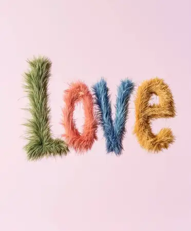 Забавные и яркие буквы LOVE из разноцветного меха на мягком пастельном фоне, отражающие радость, привязанность и креативность