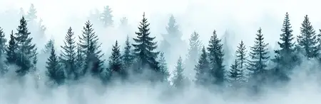 Зачарованный вечнозеленый лес, покрытый туманом, с высокими деревьями и таинственной дымкой, вызывающий чувство покоя и связи с природой
