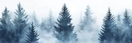 Безмятежный и туманный вид на лес с высокими вечнозелеными деревьями, окутанными дымкой, вызывающий чувство спокойствия и умиротворения на лоне природы