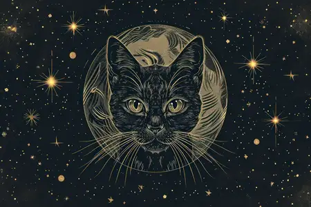 Мистическая ночь: милый кот на фоне волшебной луны
