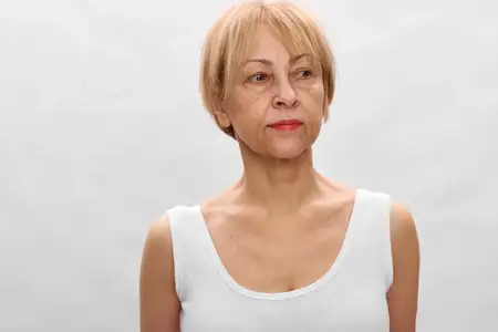 Спокойный портрет пожилой женщины, короткие светлые волосы, крупный план лица на светлом студийном фоне, нейтральные тона намекают на здоровье, благополучие и уверенность, повседневное старение…