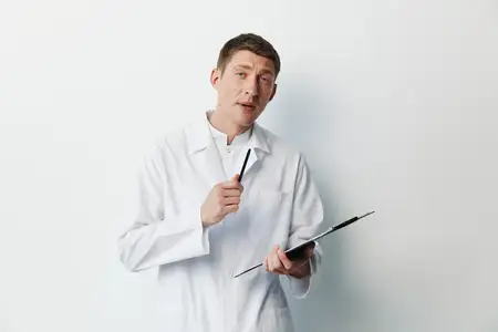 Мужчина на приеме у врача, больной, в защитной медицинской одежде, с фонендоскопом, фармацевт, специалист с планшетом, профилактика, диагност в униформе, хирург, пациент с открытым ртом, указывает…