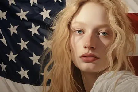 Американская красота: гордая женщина с флагом красного, белого и синего цветов
