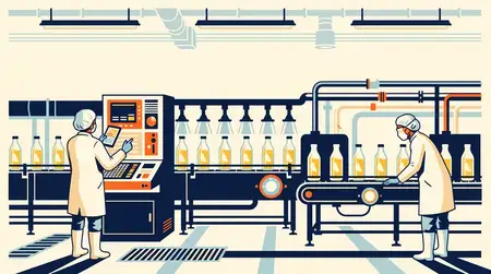 Яркая сцена в стиле трафаретной печати, изображающая защищенных рабочих, проверяющих гигиеническую линию розлива цитрусового сока, со свободным пространством вверху для использования в промышленных…