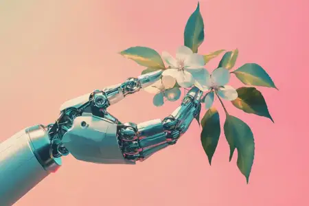 Футуристическая роботизированная рука нежно держит изящные цветы, олицетворяя гармонию между технологией и природой, с мягкой пастельной цветовой палитрой и современным настроением