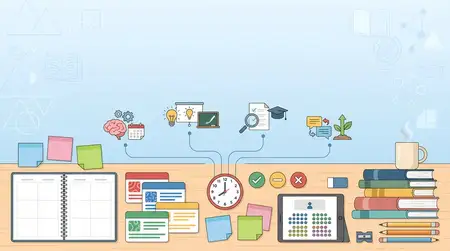 Образовательная инфографика без текста, показывающая планировщик уроков, книги, планшет, карточки и инструменты оценки под спокойным свободным пространством