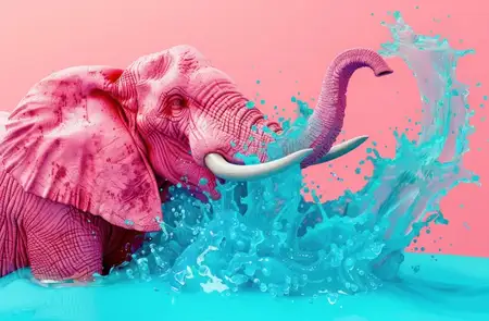 Розовый слон разбрызгивает воду на ярком розовом и голубом фоне с красочными брызгами
