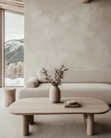 Безмятежная, уютная минималистичная гостиная с бежевым диваном, простым деревянным журнальным столиком и видом на горы