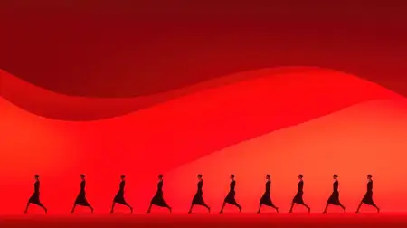Выразительная композиция: силуэты фигур в струящихся платьях на ярком красном фоне, символизирующие силу, красоту и движение