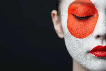 Художественный портрет модели с ярким бело-оранжевым гримом на лице, закрытыми глазами и ярко-красными губами на темном фоне, демонстрирующий глубокие эмоции и творческую красоту