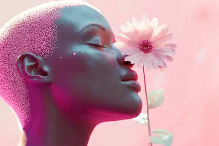 Это захватывающее изображение представляет безмятежную женщину с короткими розовыми волосами, которая радостно подносит цветок к носу на фоне ярко-розового фона