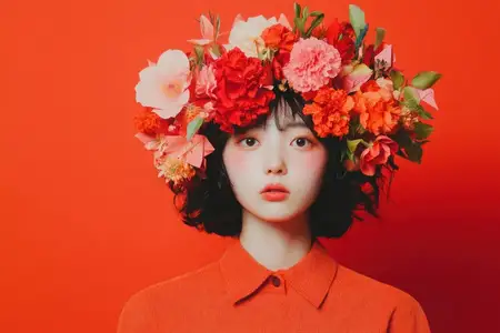 Красивая юная модель с вьющимися волосами и красочным венком из цветов стоит на ярком красном фоне, воплощая темы красоты, природы и моды, идеально подходит для весенних образов
