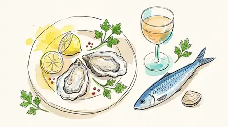 Современный натюрморт с морепродуктами, выполненный от руки, с цитрусовыми, травами и ракушками в ярких многослойных цветах, подходящий для редакционных материалов на тему еды и гостеприимства