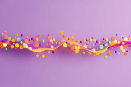 Яркие круги и струящиеся ленты разных цветов на фиолетовом фоне создают абстрактный дизайн, идеально подходящий для праздничных мероприятий, вечеринок и торжеств