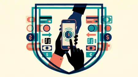 Смелая симметричная иллюстрация в стиле финтех: смартфон-кошелек и символы токен-платежей, идеально подходящая для финансовых приложений, страниц безопасности и маркетинга
