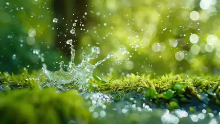 Крупный план воды, разбивающейся о пышный мох, в окружении размытой зелени и яркого безмятежного фона