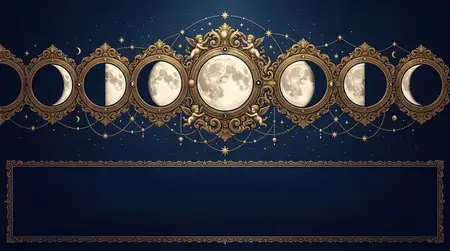 Широкий астрологический баннер с фазами луны в орнаментальных рамках, соединённых звёздами и планетами на тёмном небе, с большим пространством для текста