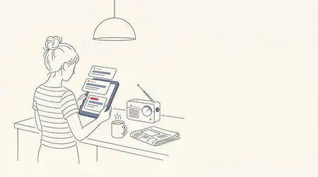 Минималистичный рисунок в стиле лайн-арт, изображающий человека, читающего новости на планшете, с большим количеством свободного пространства для редакционного и медийного дизайна