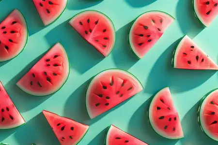 Нарезанный арбуз на бирюзовом фоне, вид сверху, плоская композиция