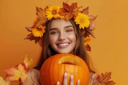 Улыбающаяся женщина держит резную тыкву, ее голова украшена осенними листьями и подсолнухами, на фоне теплого оранжевого фона