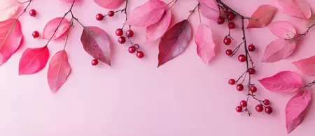Потрясающая композиция из розовых листьев и красных ягод на мягком розовом фоне, идеально подходящая для осенних проектов и природных иллюстраций, подчеркивающая яркие цвета