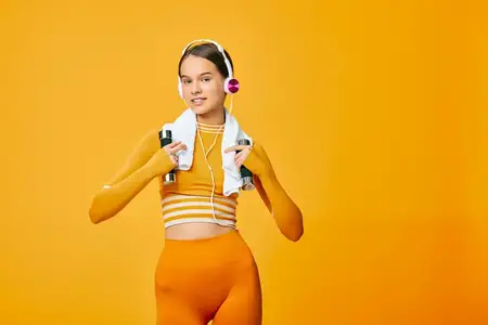 Спортивная женщина, энтузиастка фитнеса, позирует с принадлежностями для гидратации и музыкой, в оранжевом спортивном костюме, с полотенцем на плече, на теплом фоне, передавая сосредоточенность…