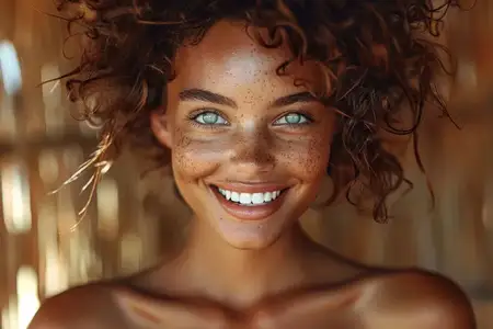 Счастливая женщина с веснушками улыбается на портретном фото на фоне деревянного забора
