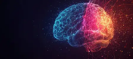 Красочная цифровая иллюстрация мозга со светящимися нейронными связями, отражающая инновации и слияние технологий и мысли