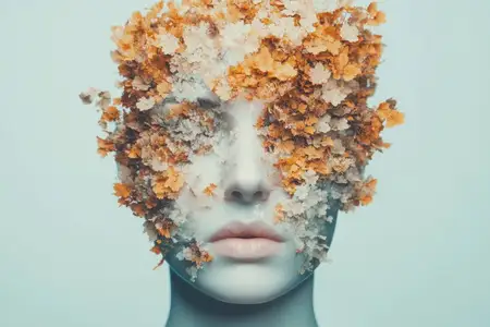Художественное изображение манекена, лицо которого скрыто сухими осенними листьями, вызывающее чувства безмятежности и связи с природой, идеально подходит для экологических тем