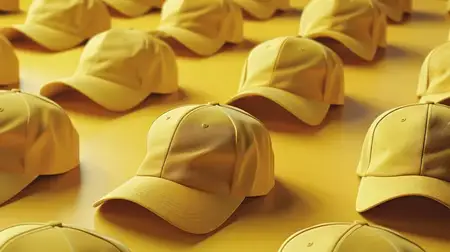 Большая группа желтых бейсболок на желтом фоне, 3D-рендеринг