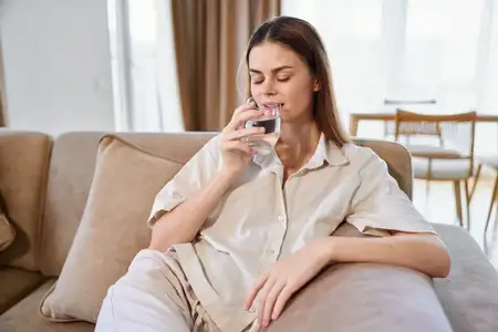 Женщина пьет воду на диване дома, расслабленная поза в повседневной домашней одежде, ежедневная гидратация и забота о себе, умиротворенный домашний портрет в светлой гостиной