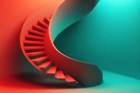 Это потрясающее абстрактное изображение винтовой лестницы демонстрирует яркие красные и бирюзовые оттенки