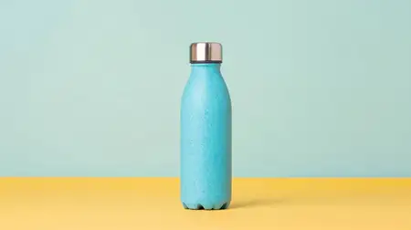 Стильная синяя бутылка для воды на ярком желто-бирюзовом фоне, подчеркивающая важность здорового увлажнения и устойчивого развития в повседневной жизни
