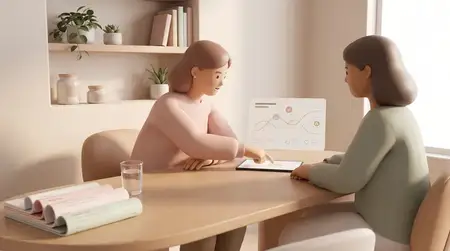Мягкая 3D-консультация в клинике: две женщины изучают информацию о здоровье, идеально подходит для женского здоровья и медицинских услуг