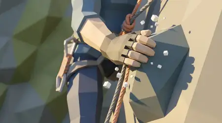 Крупный план в стиле low-poly: скалолаз цепляется за скалу, видны веревка и детали магнезии