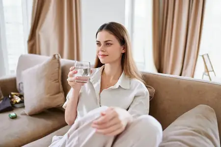 Женщина на диване со стаканом воды дома, расслабленная и улыбающаяся в уютной гостиной, повседневная одежда, наслаждение увлажнением, спокойный момент заботы о себе, здоровый напиток и мирный интерьер