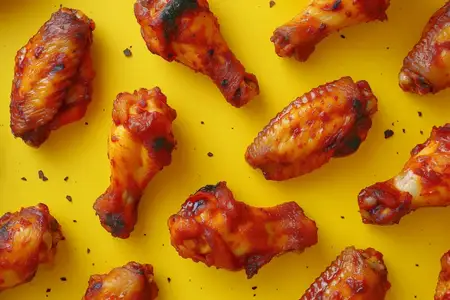 Вкусные куриные крылышки с соусом, выложенные на желтой поверхности, готовые к употреблению