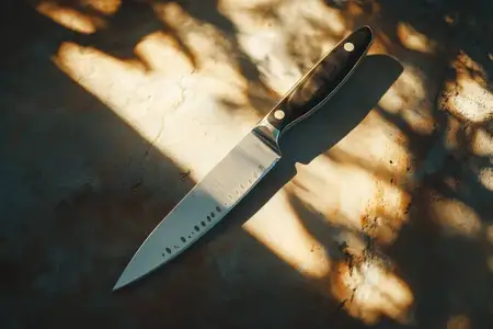Элегантный кухонный нож с черной рукояткой, расположенный на деревенской поверхности и освещенный теплым солнечным светом, отбрасывающим замысловатые тени, идеально подходит для кулинарных и…