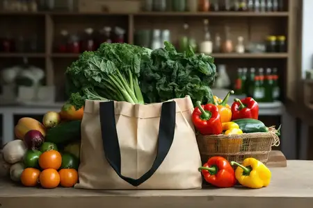 Свежие и органические продукты: пакет с полезными овощами на зелёном фоне
