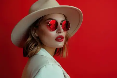Стильная молодая женщина в шляпе и солнцезащитных очках позирует на ярко-красном фоне