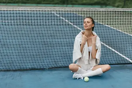 Спортивная молодая женщина в белой спортивной одежде отдыхает на теннисном корте, демонстрируя уверенность и радость, с теннисным мячом рядом с ней, подчеркивая активный образ жизни