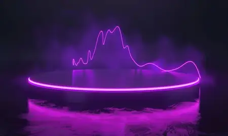 Яркая розовая неоновая звуковая волна поднимается с круглой платформы в окружении мистической тёмной атмосферы и тумана