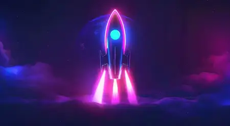 Изящная неоновая ракета стартует в космос, окруженная красочными светящимися облаками на темном фоне