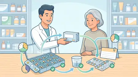 Четкая сцена фармацевтического консультирования с органайзером для таблеток, коробкой для лекарств и подсказками по дозировке для обучения пациентов и медицинского просвещения